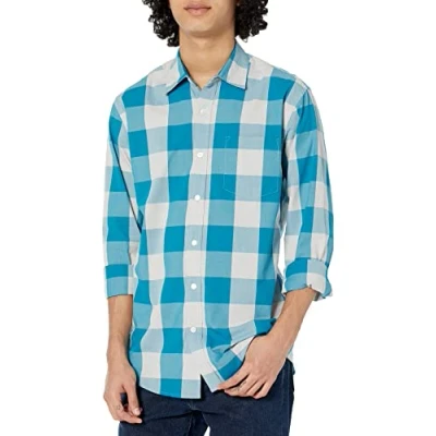 Afbeelding van Amazon Essentials Men&#039;s Casual poplin overhemd met normale pasvorm en lange mouwen, Blauw Wit Geruit, XS