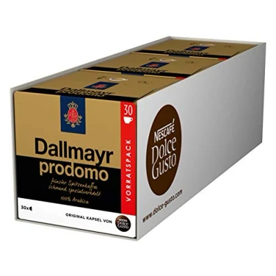 Afbeelding van NESCAFÉ Dolce Gusto Dallmayr Prodomo, XXL voorraaddoos, 90 koffiecapsules, topkwaliteit voor een volaromatische smaak, 100% Arabica bonen, gearomatiseerd, verpakking van 3 stuks (3 x 30 capsules)