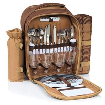 Afbeelding van CampFeuer Picknickrugzak voor 4 personen (bruin) Picknickset 32 delig incl. flessenhouder en fleece deken, groot koelvak, servies bestek