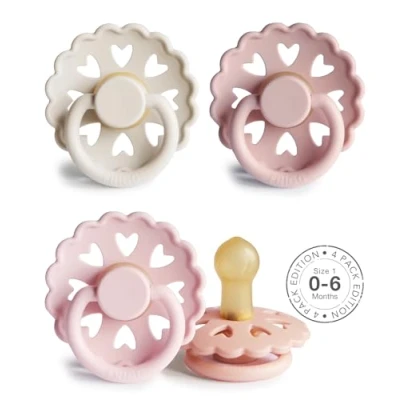 Afbeelding van FRIGG Fairytale Latex fopspeen, verpakking met 4 fopspenen, natuurlijk rubber, gemaakt in Denemarken, BPA vrij, symmetrische kersenspeen (Meadow Dream, maat 1, 0 6 maanden)