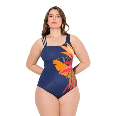 Afbeelding van Ulla Popken Split Strap Tropical Leaves Badpak, Dames, Maat: 60, Dark indigo