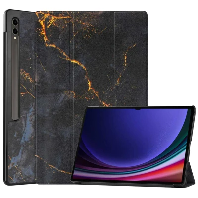 Afbeelding van Samsung Galaxy Tab S9 Ultra Hoes: iMoshion Design Trifold Bookcase Black Marble Kunstleder Tablet Hoezen
