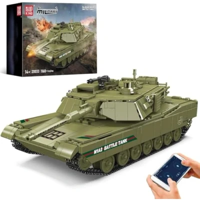 Afbeelding van Mould King 20033 tank bouwstenen model, op afstand bestuurbare voor volwassenen en kinderen, M1A2 militaire gevechtstank speelgoedset met afstandsbediening app dubbele bediening (1168+)