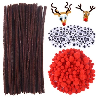 Afbeelding van XZEIT 400 stuks bruine pijpreinigerset voor kerst, pijpreinigers, chenilledraadset met rode pompons, zelfklevende knutselogen, handgemaakt doe het zelf Kerstmis