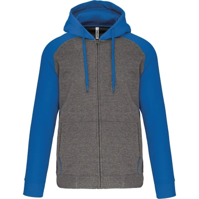 Afbeelding van PROACT Fleece met rits en tweekleurige capuchon unisex PA380 Grey heather/Sporty royal blue