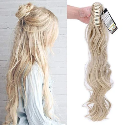 Afbeelding van SEGO Haarstukje, paardenstaart, krullend, lang, elastisch, kunstpaardenstaart, golvend, clip on met bevestigd, 60 cm, asblond, gebleekt blond