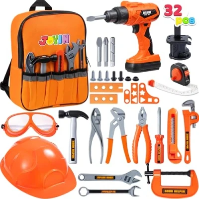Afbeelding van JOYIN 32 PCS kinderen bouwgereedschap speelgoed set rugzak gereedschap met elektrische boor speelgoed, bouw helm, accessoires voor constructie doen alsof spel