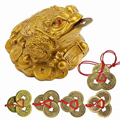 Afbeelding van YODOOLTLY Lucky Money Frog Feng Shui Pad en 5 Sets Chinese munten Fortuin Munt I ching met rode draad charme voor welvaart woondecoratie cadeau