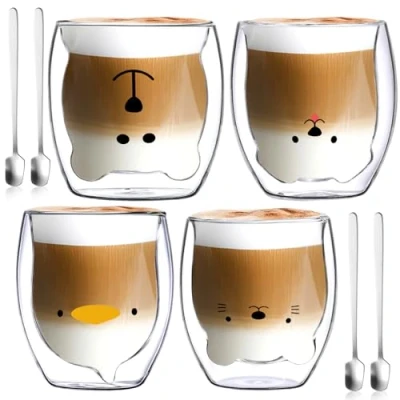Afbeelding van NCKIHRKK Eetpresotasen Latte Macchiato glazen, 4 x 250 ml dubbelwandige glazen met lepel, koffieglazen, theeglazen, thermische voor cappuccino, latte, macchiato, ijs, melk
