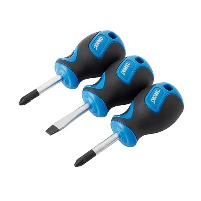 Afbeelding van Draper 3 delige Stubby Soft Grip Schroevendraaier Set 32604 Blauw en Zwart Crosshead &amp; Flathead Schroevendraaiers Voor Thuis DIY Professioneel Gebruik