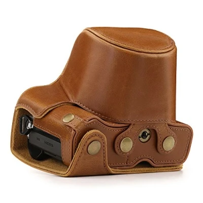 Afbeelding van MegaGear MG1347 Ever Ready Leather Camera Case met Draagriem en Batterijtoegang, voor Olympus Om D E M10 Mark III (14 42 mm), Lichtbruin