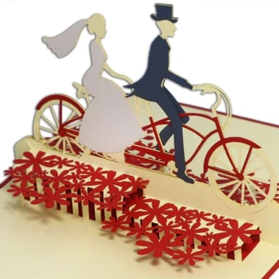 Afbeelding van Lin Pop Up Kaarten Bruiloftskaarten, Bruiloftsuitnodigingen Valentijnskaarten 3D Wenskaarten Liefde Bruiloft Bruidspaar met Fiets