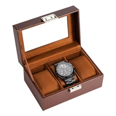 Afbeelding van Procase Horlogedoos voor heren, schokbestendig, met 3 vakken horlogekussen, opslag van horloges glazen deksel, horloge enthousiast, bruin