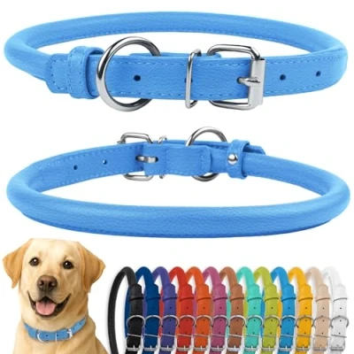Afbeelding van CollarDirect Gerolde lederen halsband, zachte gewatteerde ronde puppy kraag, handgemaakte halsband hond kleine grote kat halsbanden 13 kleuren (16 18 inch, blauw getextureerd)