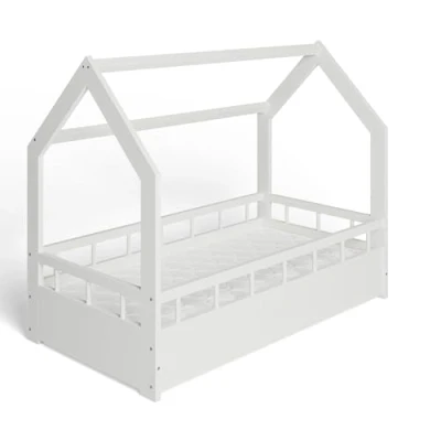 Afbeelding van MS FACTORY Huisbed met Matras 70x140 cm Kinderbed valbeveiliging Dennenhouten bed lattenbodem Barrière Wit