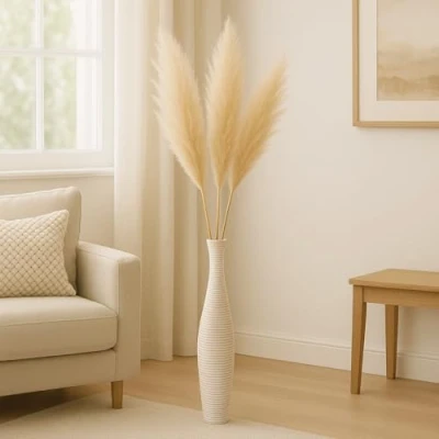 Afbeelding van Leewadee Grote Home Decor Vloervaas Houten Hoge Boerderij Bloemenhouder Voor Nep Plant En Pampas Gras, 70 cm, White Wash