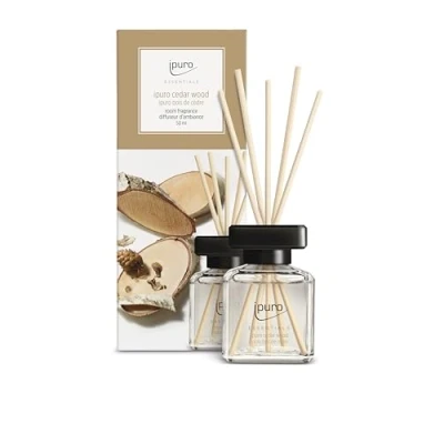 Afbeelding van ipuro Essentials kamergeur Cedar Wood 50 ml kamerverfrisser met sinaasappel, citroen, rozemarijn, ylang ylang, sandelhout &amp; vanille geur aroma diffuser stokjes luchtverfrisser voor de woning