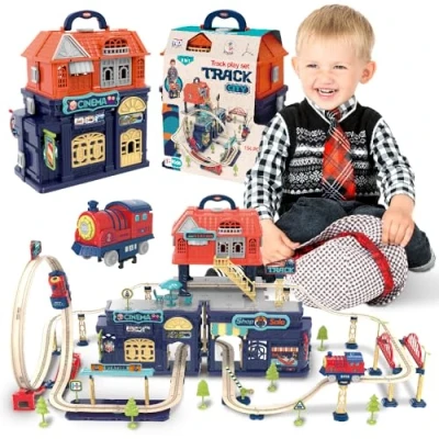 Afbeelding van sun baby Treinbaan met elektrische locomotief voor kinderen vanaf 3 jaar lus, viaduct, brug, slagboom, stationsgebouwen, bioscoop en winkel