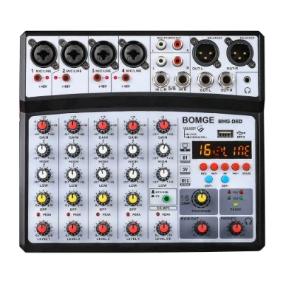 Afbeelding van Bomge 6 kanaals DJ audiomixer met MP3 USB Bluetooth, 48V fantoomvoeding, 16 DSP Echo effecten, mixer voor live, muziek, karaoke, podcast (zwart)