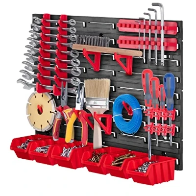 Afbeelding van KADAX Werkplaatsrek, 58 x 39 cm, gereedschapswandrek van robuust kunststof, uv bestendig opslagsysteem, uitbreidbare wandplaten, werkplaatswandrek voor garage (rood, 26 stuks)