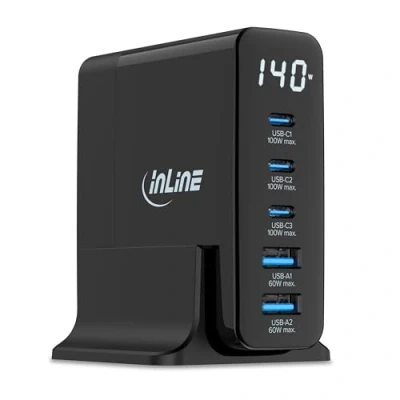 Afbeelding van InLine USB PD voeding, GaN lader, 5 poorts, C + A, 140W, met display, Zwart (140 W),