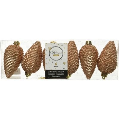 Afbeelding van Decoris Kersthangers 6 stuks dennenappels camel bruin 8 cm