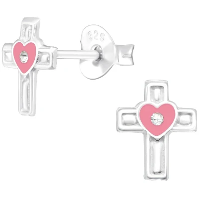 Afbeelding van JoyS Zilveren kruisje oorbellen met roze hartje 6 x 8 mm kristal kinderoorbellen
