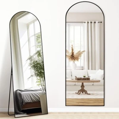 Afbeelding van Melodieux Bogen full body spiegel, 161 x 52 cm, volledige lengte, grote vrijstaande zwart aluminium frame, aankleedspiegel, wandgemonteerde spiegel voor woonkamer, slaapkamer