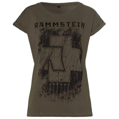 Afbeelding van Rammstein Dames Girlie Shirt 6 Harten Olive, Officiële Band Merchandise Fan Zwart met Front en Back Print, olijf, XL