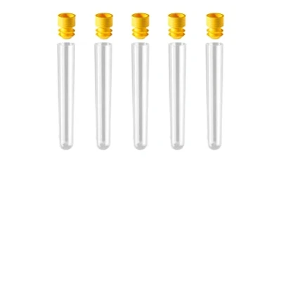 Afbeelding van AE GLAS: 5 stuks reageerbuisjes, kunststof, 12 ml, met deksel (100 x 16 mm), transparant, reageerbuis stop, geel