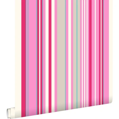 Afbeelding van Leen Bakker ESTAhome Behang Strepen Roze En Turquoise 53cm X 10,05 M Beige Vlies