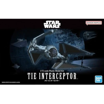 Afbeelding van Revell (Bandai Original 01212 Star Wars TIE Interceptor 1:72 Schaal Ongebouwd/Voorgekleurd/Clip Together (Non Glue) Plastic Model Kit met Display Base, Grijs