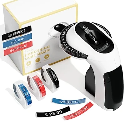 Afbeelding van Memoking Embossing Label Maker Machine E975 3D reliëfapparaat, etiketten met 3 rollen reliëf, draagbare labelprinter voor organisatie, doe het zelf