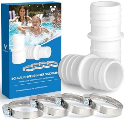 Afbeelding van Villkin 2 x slangaansluiting met 4 slangklemmen voor het zwembad, slangtule in verpakking van stuks (38 mm 38 mm, wit)