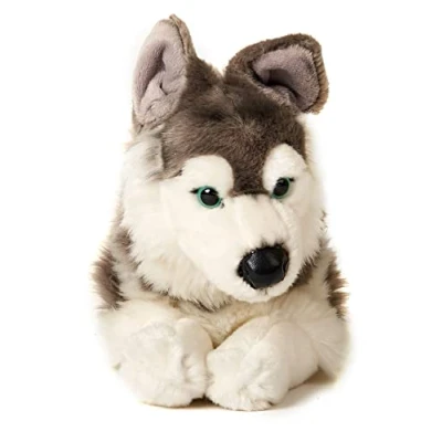 Afbeelding van Uni Toys Husky, liggend 40 cm (lengte) pluche hond, huisdier dier, knuffeldier, grijs