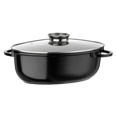 Afbeelding van GSW 410588 Gourmet Ceramica XXL ovale inductiebrander met deksel van aromaglas 42x27 cm/ca. 10,0 liter, gegoten aluminium, zwart