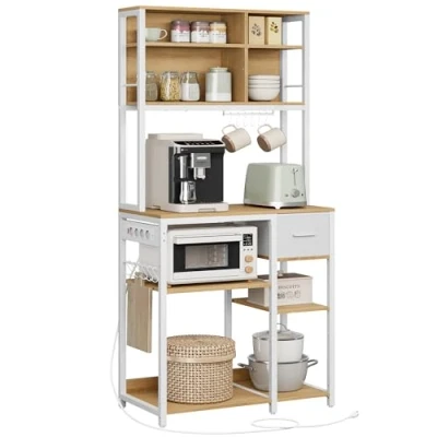 Afbeelding van VASAGLE Keukenplank met stopcontacten, staande plank, magnetronplank, verstelbare planken, stoffen lade, 12 haken, 40 x 80 180,4 cm, voor magnetron, keuken, Golden Oak Cloud White KKS015Y02