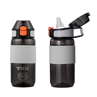 Afbeelding van TITIROBA TKK drinkfles met rietje, 450 ml, lekvrij, BPA vrij, Tritan, spotr voor fiets, camping, yoga, gym, zwart 1003