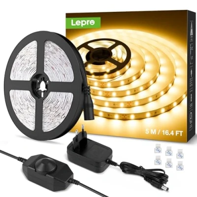 Afbeelding van LE 5M Warm wit LED strookset Dimbaar, 12V stroken, zelfklevende flexibele strook, lichtstrook IP20, inclusief voeding en controller