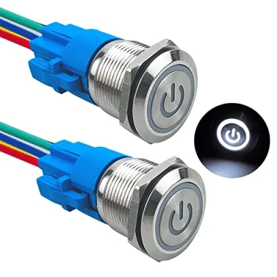 Afbeelding van Aiqeer 2 stuks 19 mm drukknopschakelaar, zelfblokkerend, 12 V/24 V, 5 A, drukknopschakelaar van roestvrij staal, waterdicht IP67, met voorbedrade stekker (witte led)