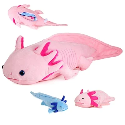 Afbeelding van lilizzhoumax Axolotl pluche dier met 2 kleine Axolotl, simulatie speelgoed pop, speelset 3 ritssluitingen van pluche, zacht, cadeau voor vrienden en kinderen