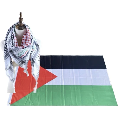 Afbeelding van Kufiya/Keffiyeh met Palestina Kleuren Rood/Groen/Wit/Zwart, Keffiyeh, Arafat Sjaal, Sjaal 127x127 cm + Palestijnse Vlag 90x150 Combi Deal