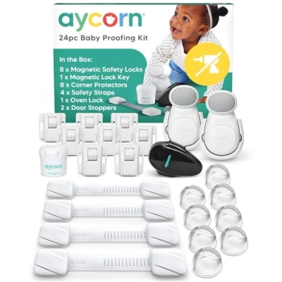Afbeelding van AYCORN 24 delige Baby Veiligheid Kit De Ultieme Babyset Kinderslot Kastjes, Kastvergrendelingen, Hoekbeschermers, Veiligheidsriempjes, Ovenslot, Deurslot, Deurstopper &amp; Sleutels Essentiële Bescherming
