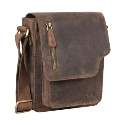 Afbeelding van STILORD &#039;Pete&#039; schoudertas leer kleine mannen vintage boodschappentas 8,4 inch echt leer, Kleur:zamora bruin