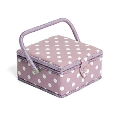 Afbeelding van Hobby Gift Exclusieve kleine naaidoos, knutseldoos, accessoirelade, speldenkussen, PVC handgreep, 20 x 11 cm, paarse stippen
