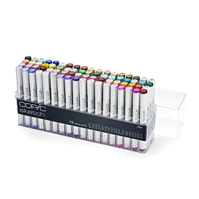 Afbeelding van COPIC Sketch Marker Set &quot;E&quot; met 72 kleuren in acrylglas, professionele penseelstiften op alcoholbasis een flexibele en medium brede punt.