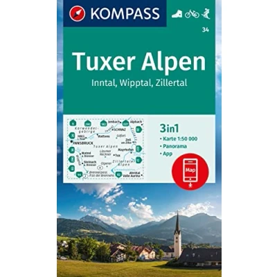 Afbeelding van KOMPASS Wanderkarte 34 Tuxer Alpen, Inntal, Wipptal, Zillertal 1:50.000: 3in1 Wanderkarte, mit Panorama, inklusive Karte zur offline Verwendung in der App. Fahrradfahren. Skitouren.