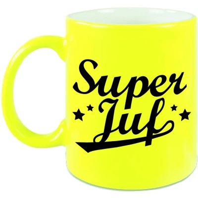 Afbeelding van Super juf beker / mok neon geel 330 ml afscheidscadeau bedankt cadeau feest mokken