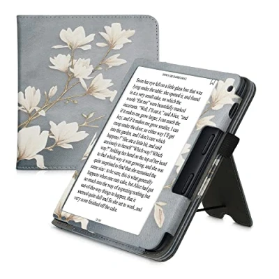 Afbeelding van kwmobile e reader hoesje compatibel met Kobo Libra 2 Ereader case van kunstleer Magnolia in taupe/wit/blauwgrijs