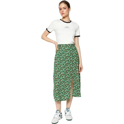 Afbeelding van Trendyol Camelkleurige Midi Geweven Rok Van Viscose Met Splitdetail En Bloemenpatroon Twoss20Et0230